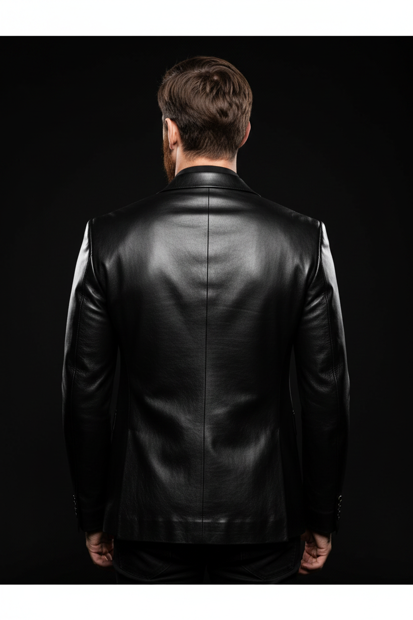 Men's black leather blazer back view