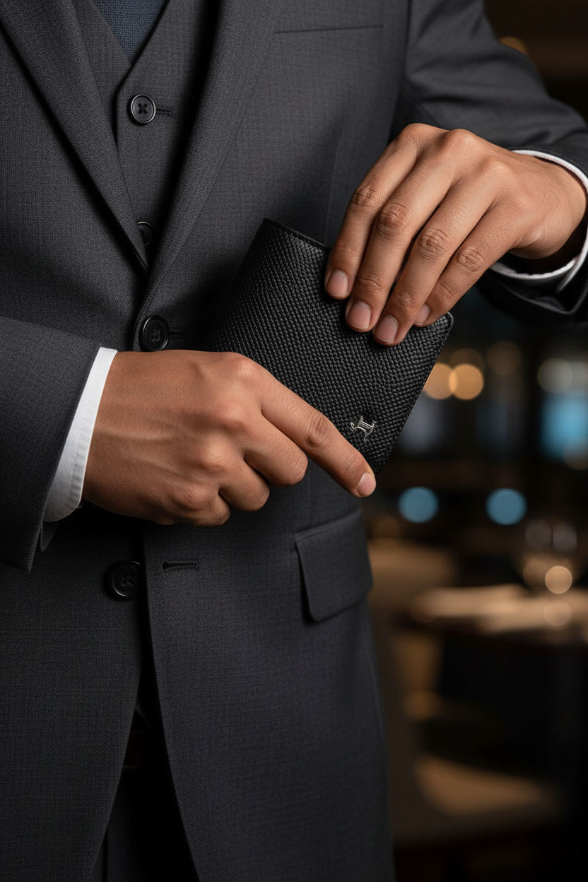 Lifestyle - wallet being pulled from suit pocket