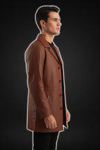 Tan brown leather long coat side model view