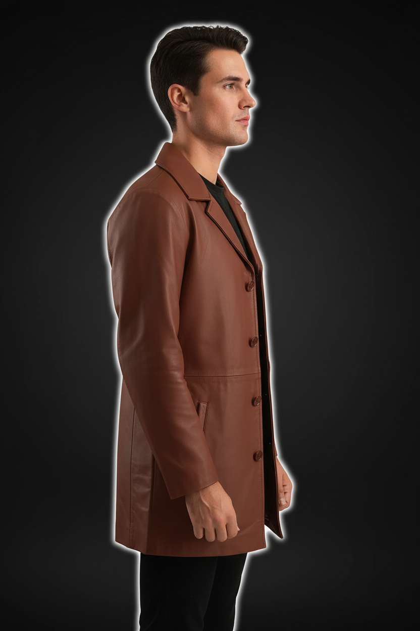 Tan brown leather long coat side model view