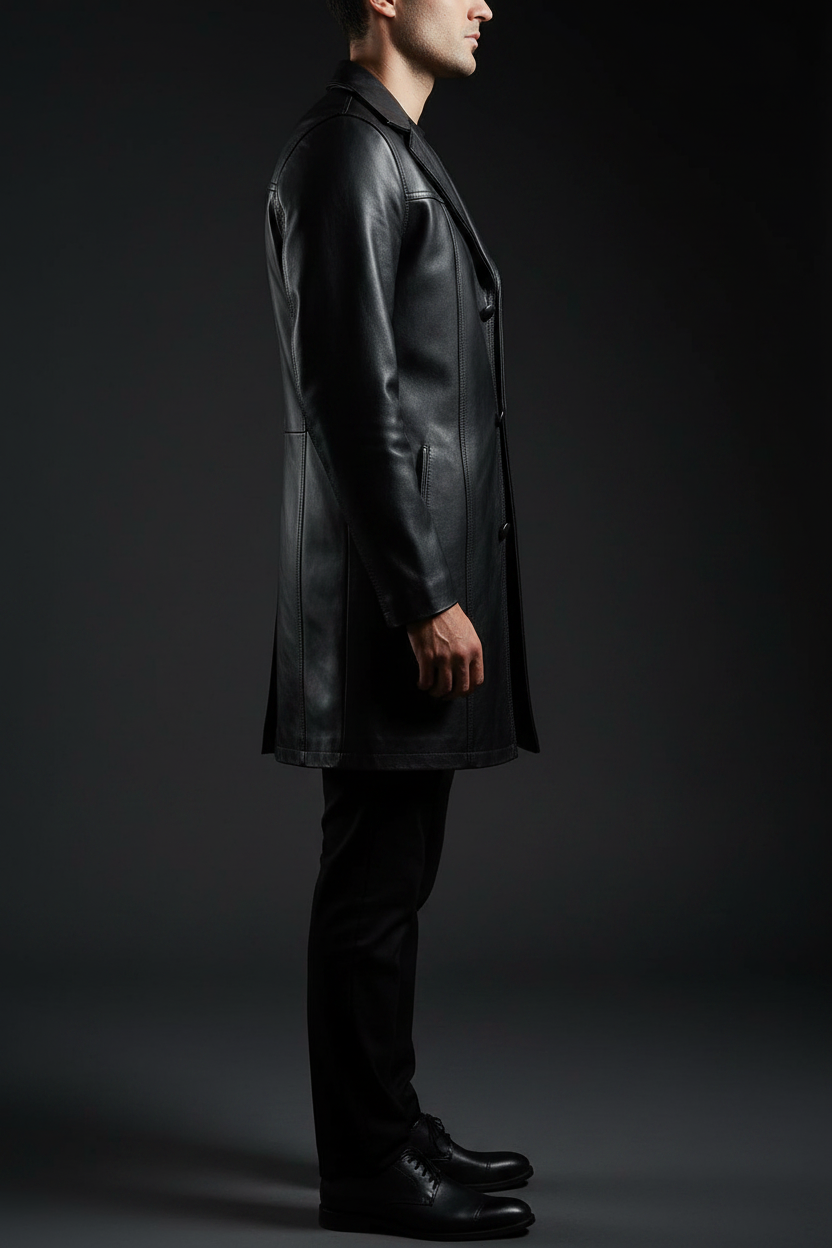 Black leather long coat side profile model view