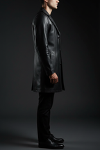 Black leather long coat side profile model view