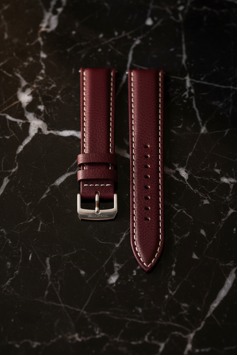 Burgundy red Saffiano leather watch strap — cinematic studio