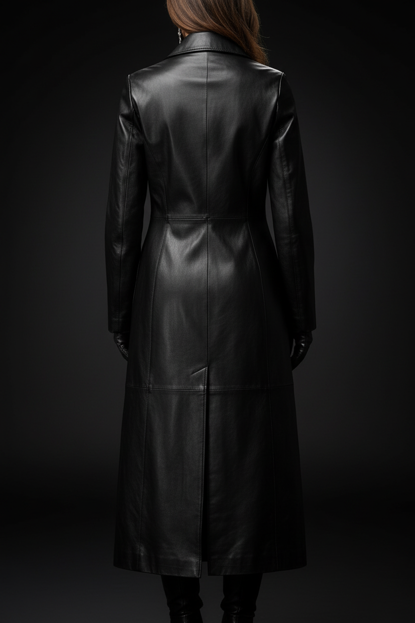 Black leather trench coat — back view