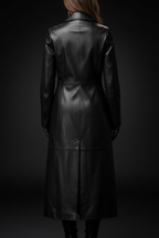 Black leather trench coat — back view
