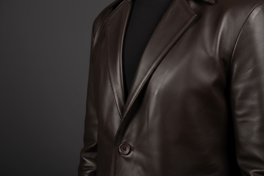 Black leather blazer close-up texture and button detail