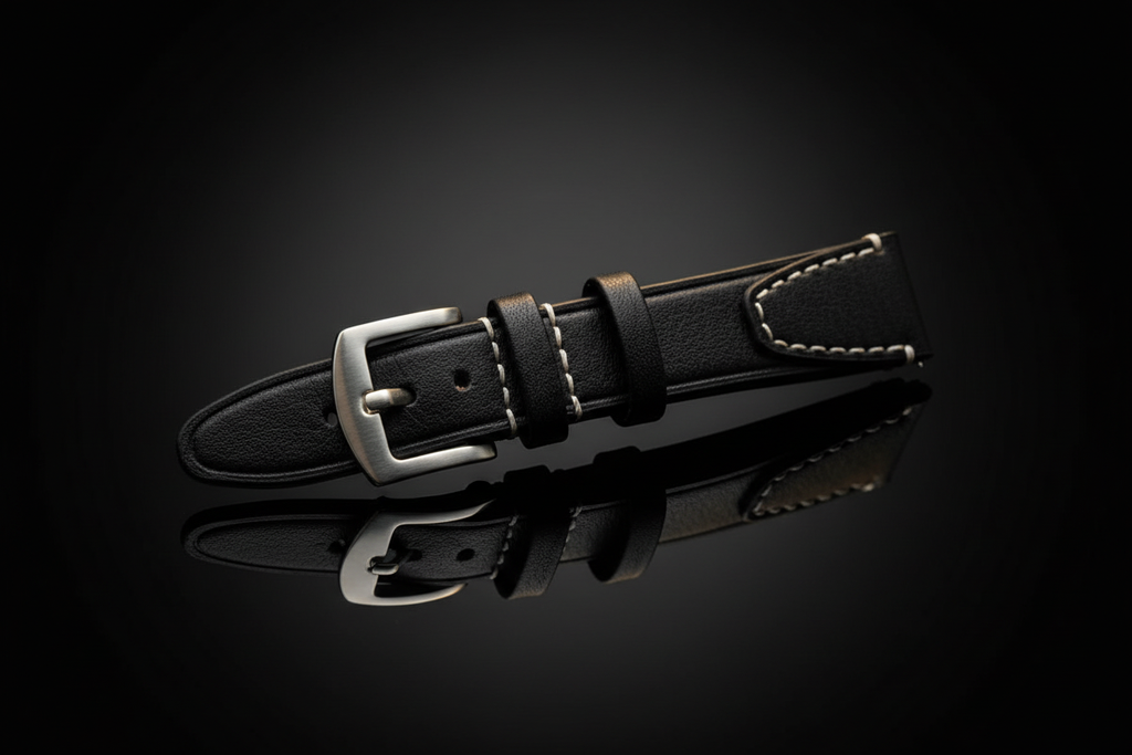 Black full-grain leather watch strap — cinematic studio shot
