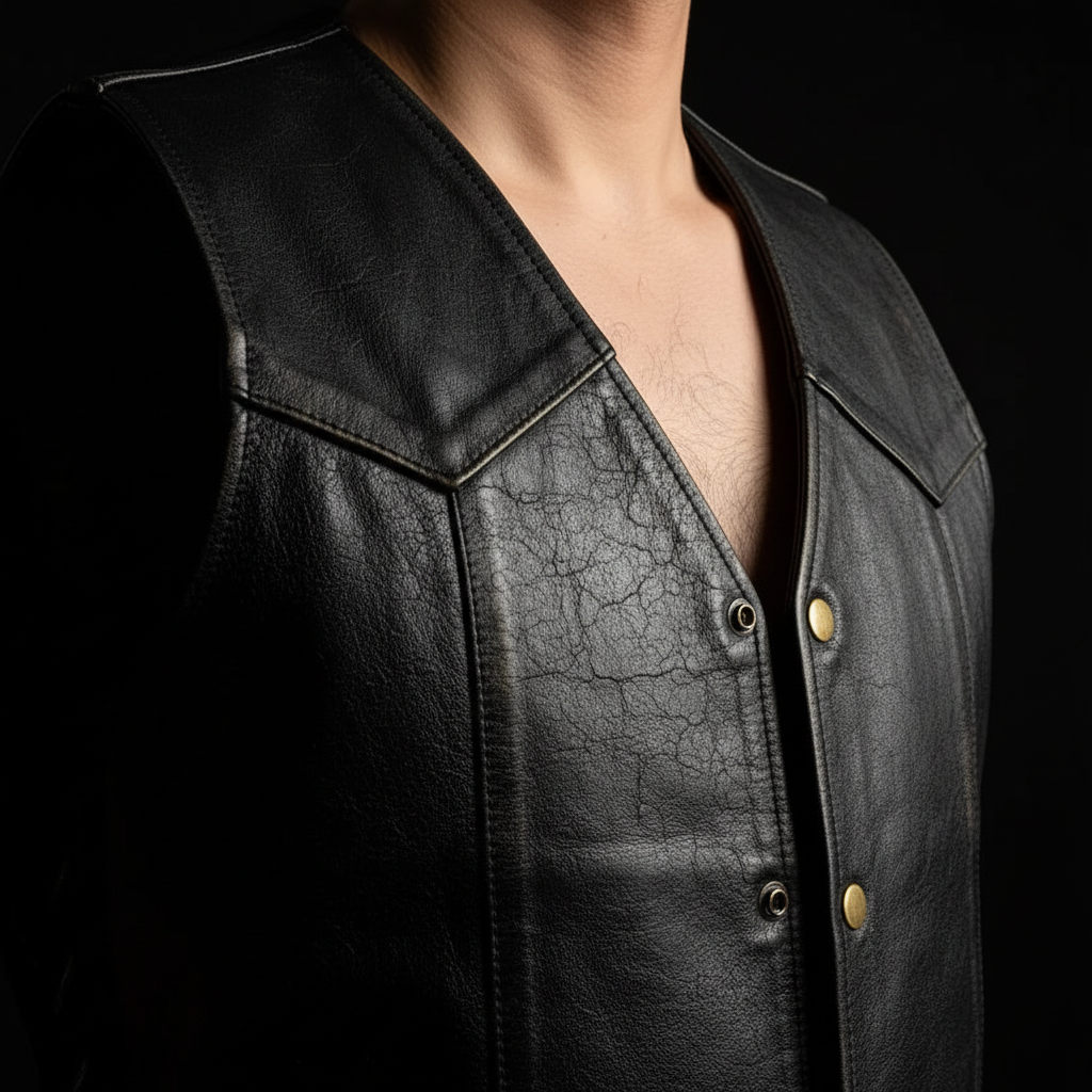 Men's distressed black leather snap vest – button and yoke close-up