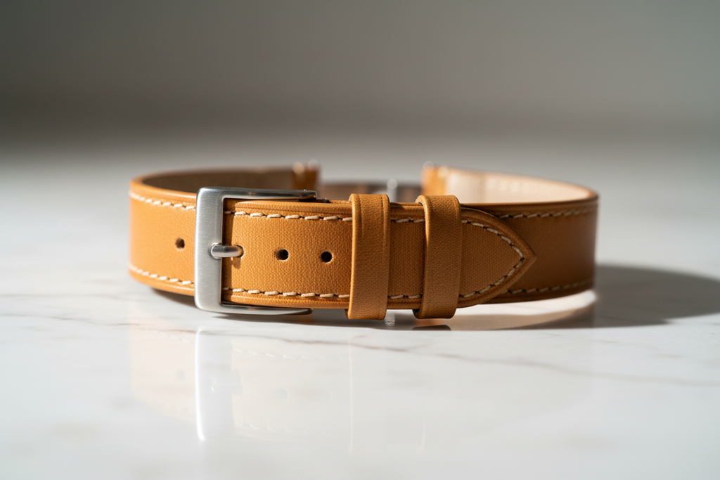 Honey light tan full-grain leather watch strap — cinematic studio shot