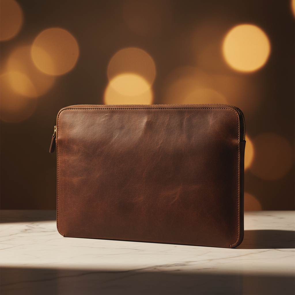 Dark brown full-grain leather laptop sleeve on marble surface