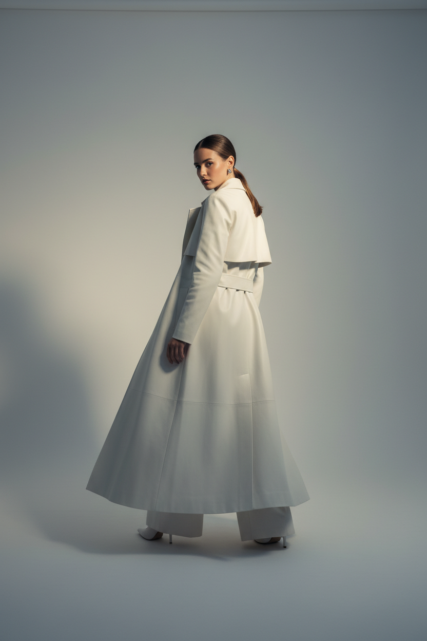 Back view of women's long white leather coat, cinematic studio shot