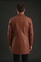 Tan brown leather long coat back model view