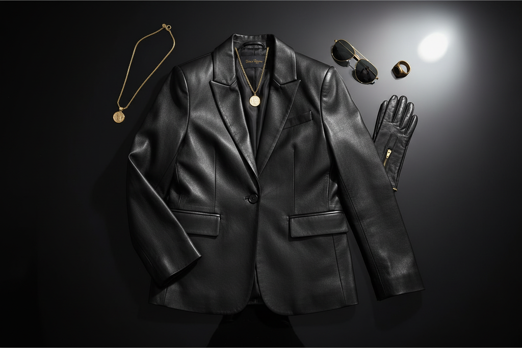 Black leather blazer flat lay dark surface
