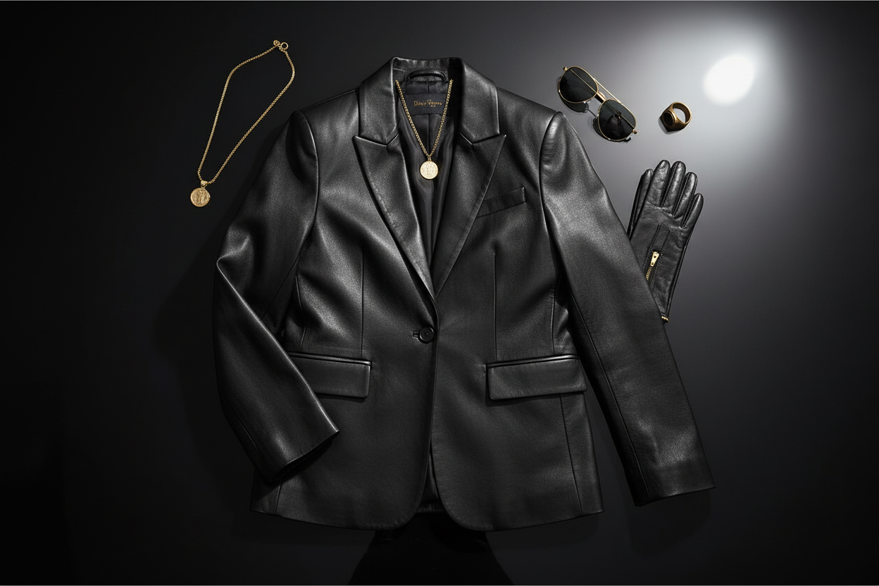 Black leather blazer flat lay dark surface