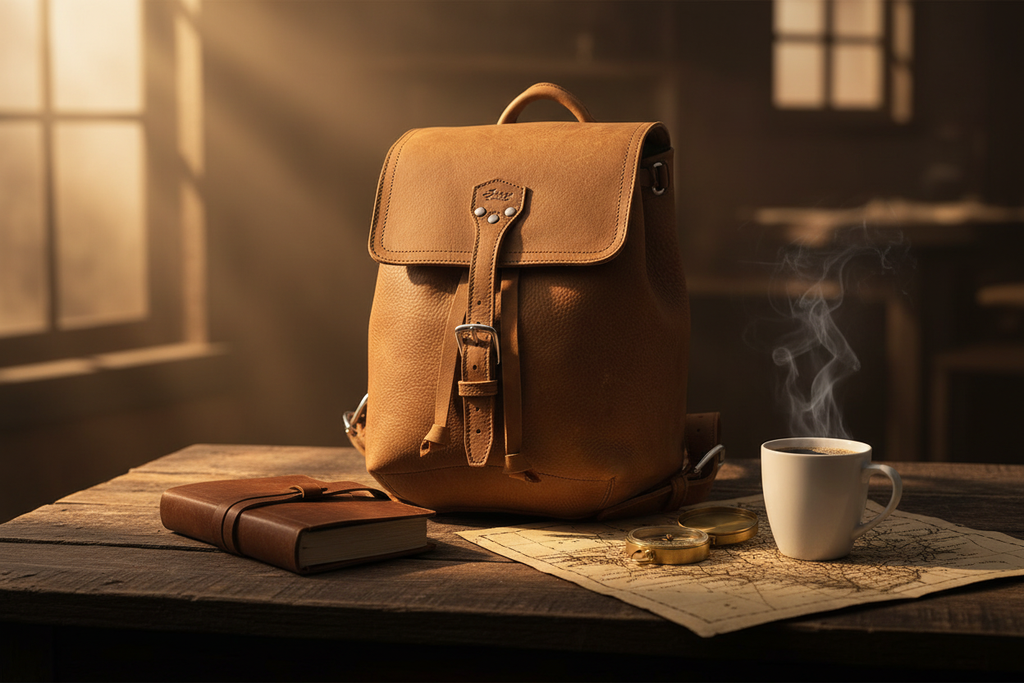Zunera leather backpack on rustic wooden table with journal and coffee
