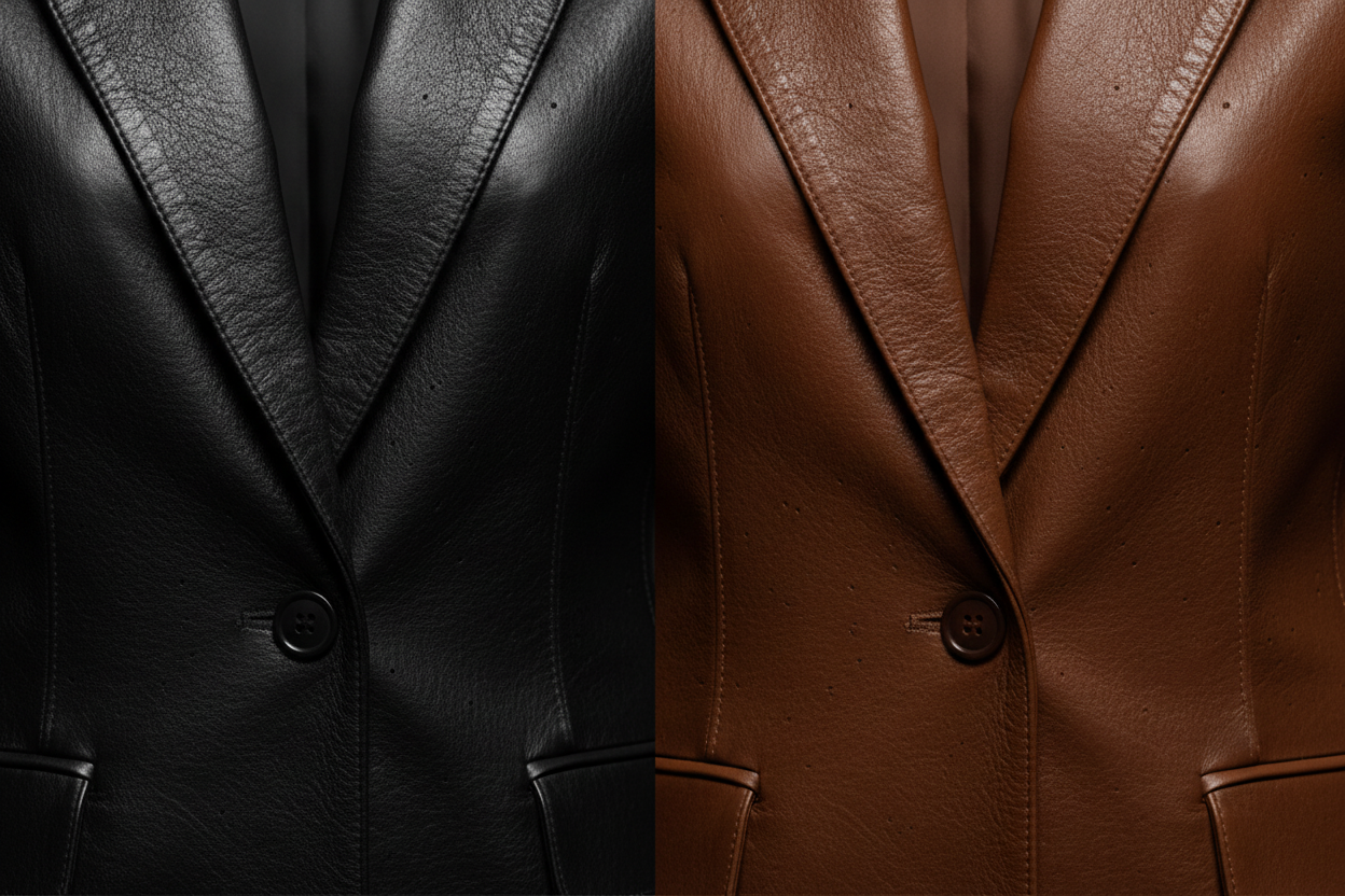 Women's leather blazer suit detail close-up