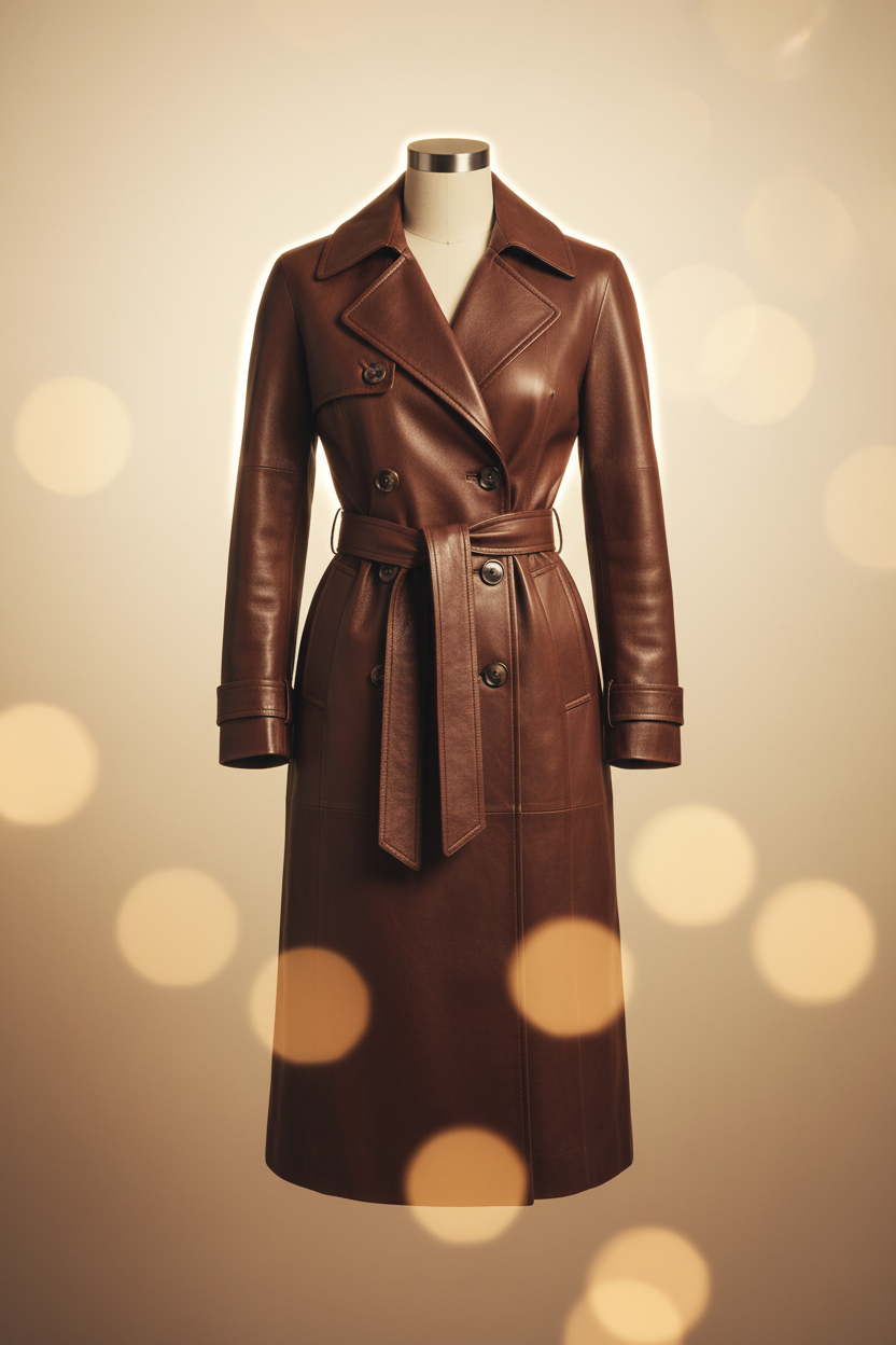 Brown leather trench coat — front view studio