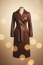 Brown leather trench coat — front view studio