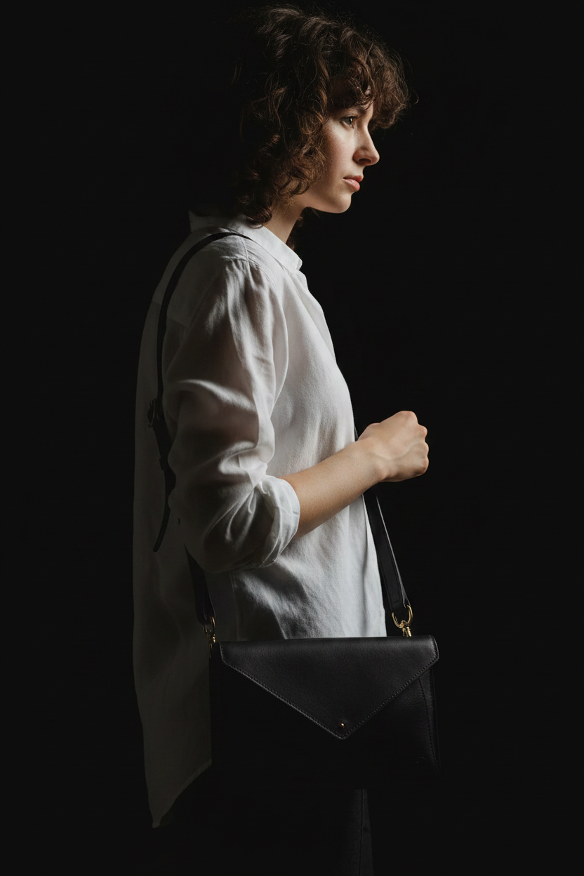 Black leather crossbody bag - model side profile