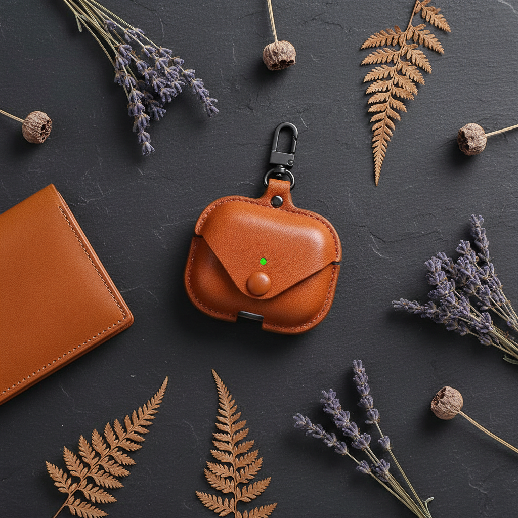 Leather AirPods case - flat lay editorial