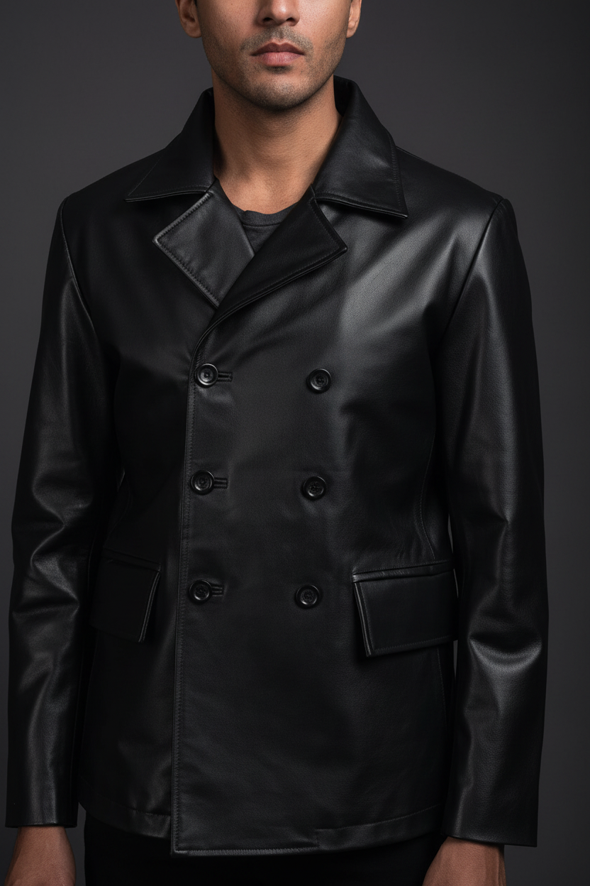 Black double-breasted leather blazer portrait studio shot