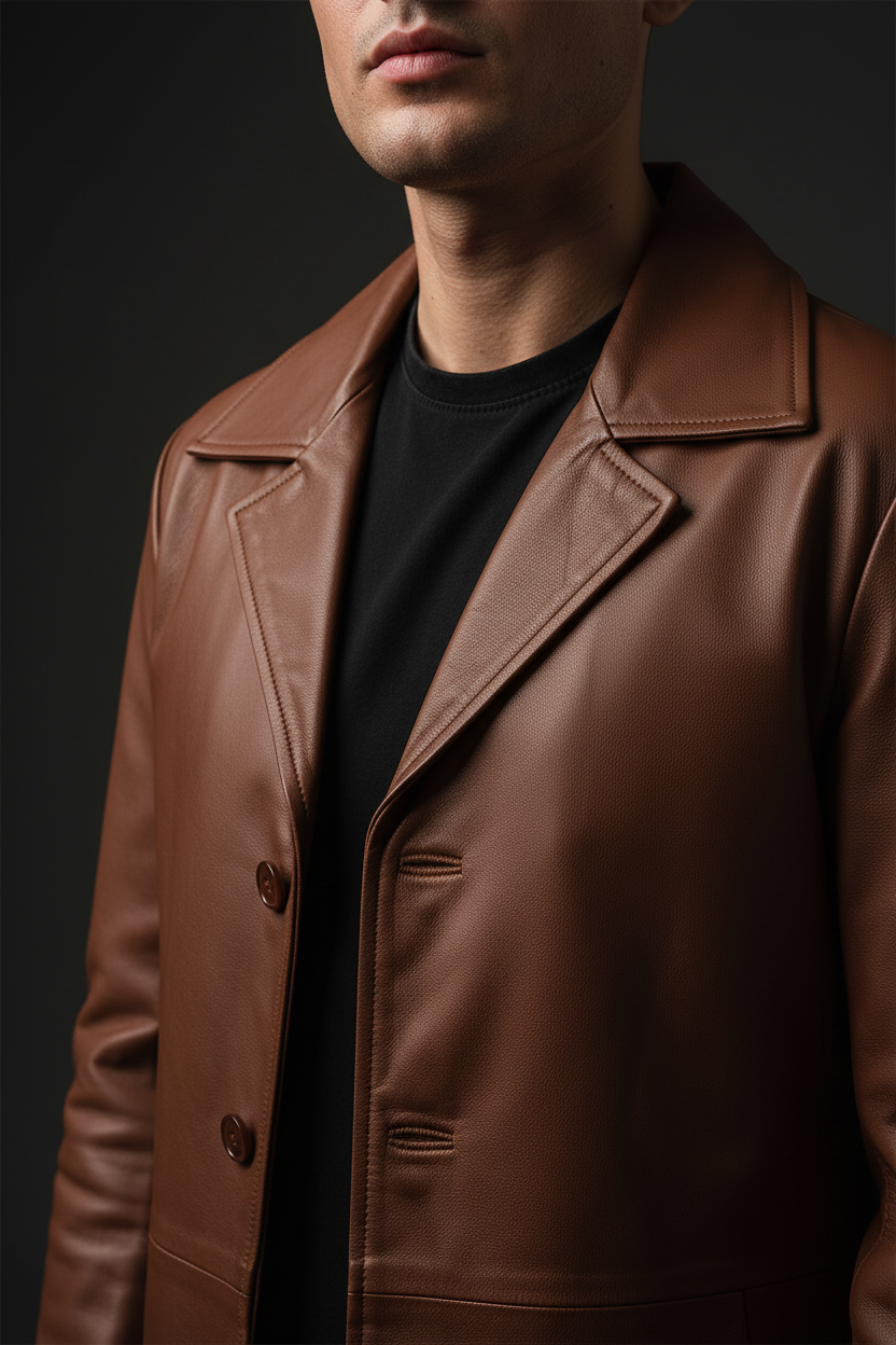 Tan brown leather coat portrait studio shot
