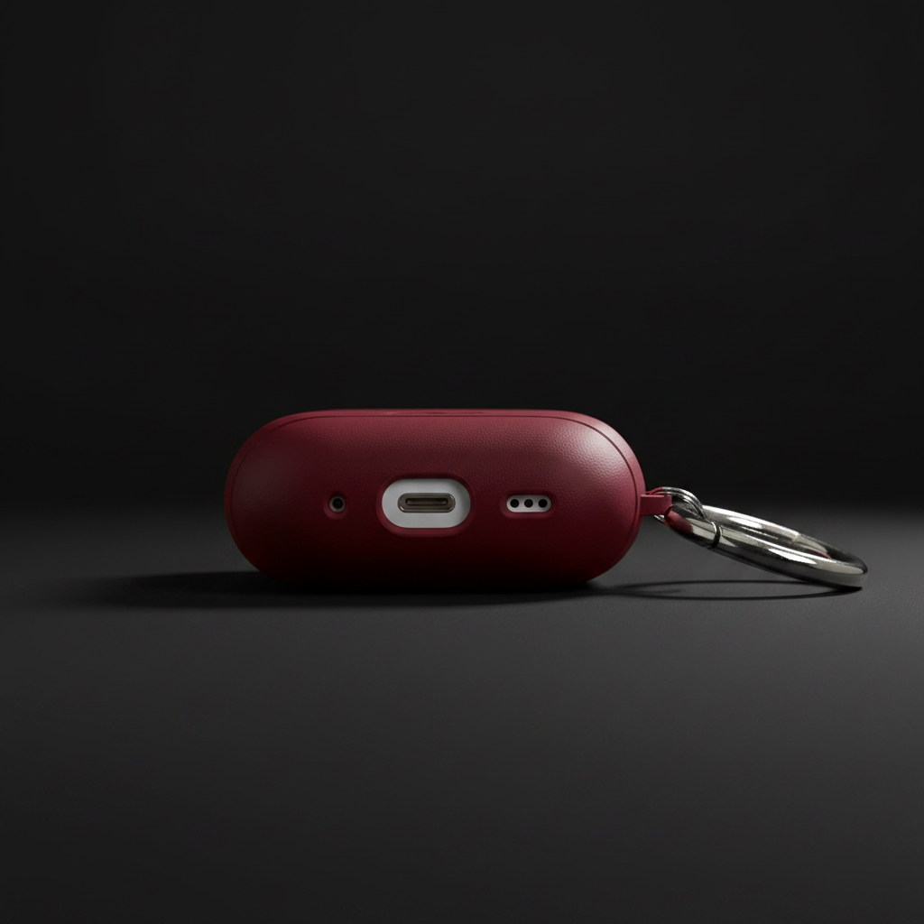 Burgundy AirPods Pro case — rear angle port detail