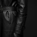 Black leather trench coat — cuff and hardware detail