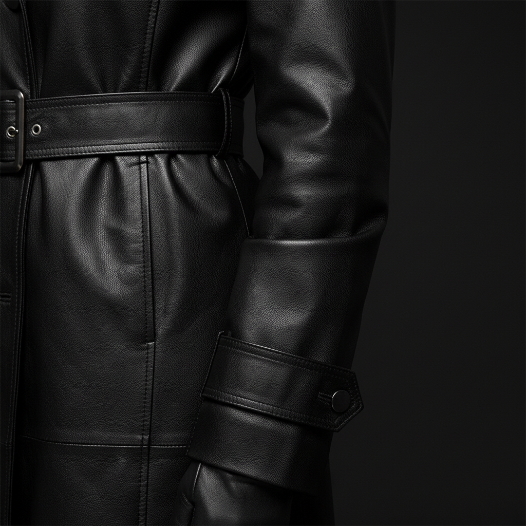Black leather trench coat — cuff and hardware detail