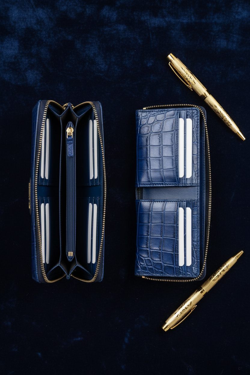 Overhead flat lay - wallets open and gold pens