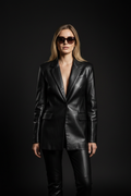 Women's black leather blazer suit front view