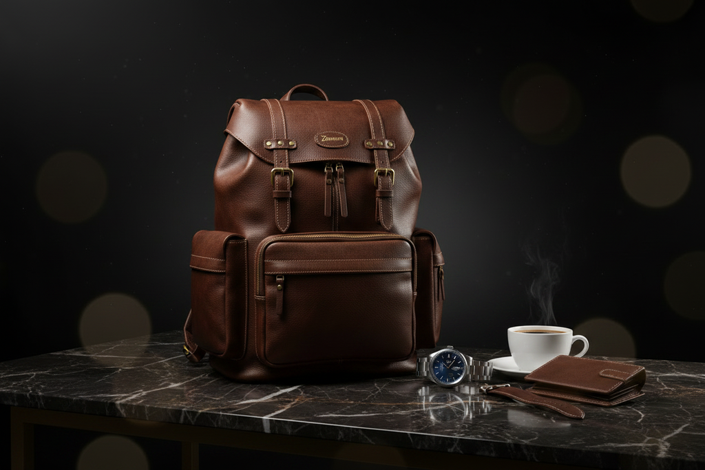 Zunera Premium Leather Backpack on marble desk with luxury accessories