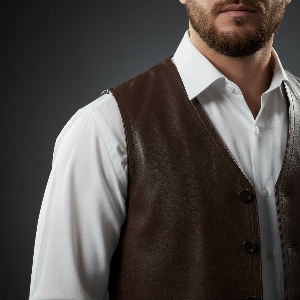 Brown leather vest – shoulder and collar close-up