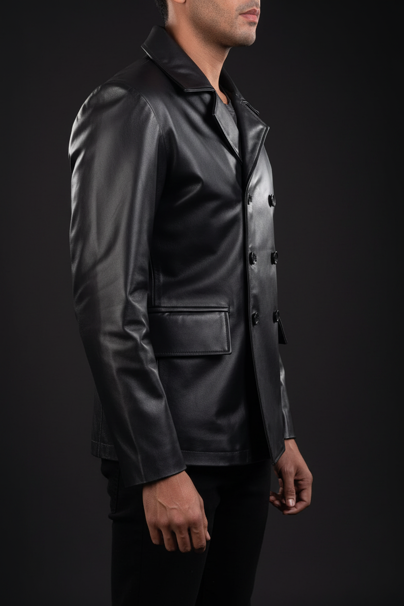 Black double-breasted leather blazer side model view