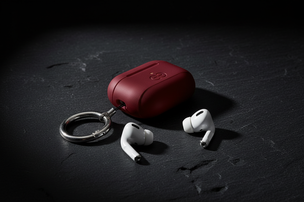 Burgundy AirPods Pro case — flat lay dark slate