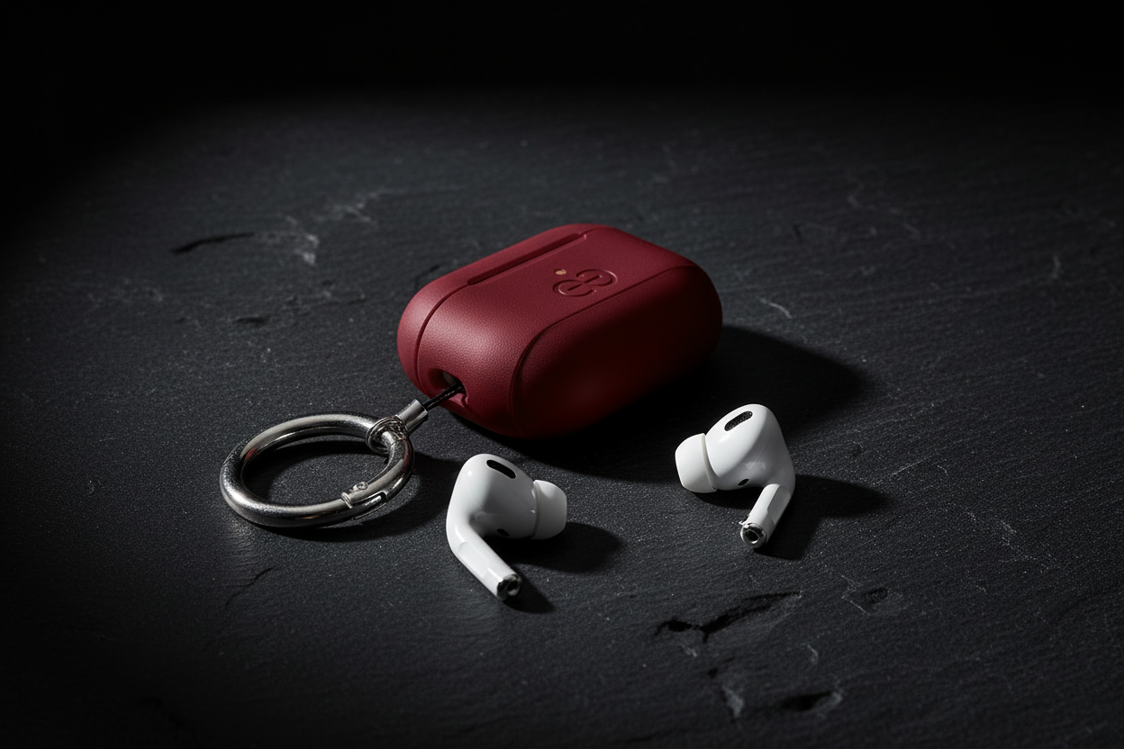 Burgundy AirPods Pro case — flat lay dark slate