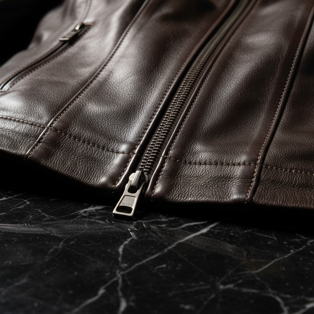 Dark Brown Leather Jacket – Zip & Leather Detail