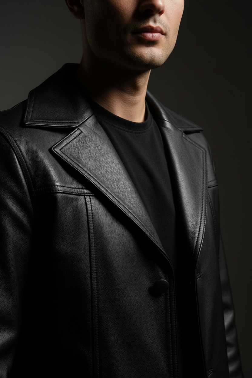 Black leather long coat editorial portrait lapel detail