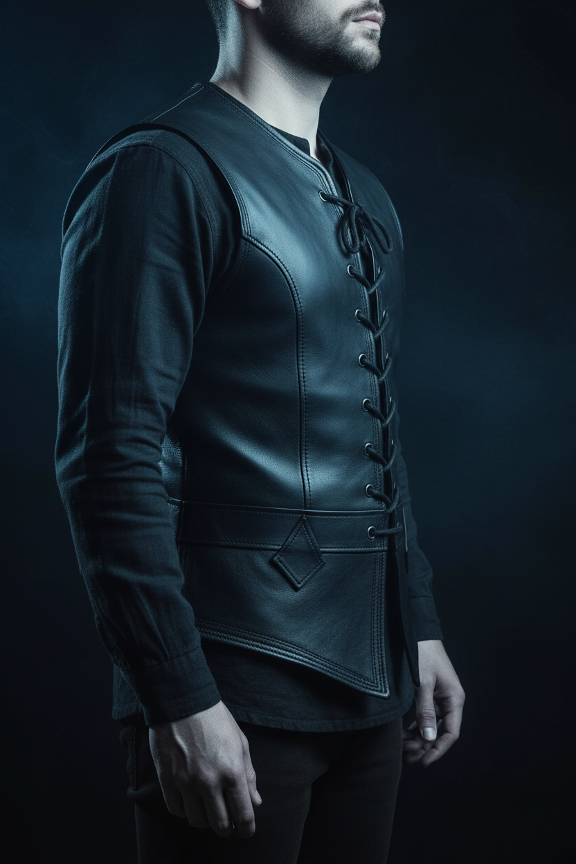 Black leather medieval lace-up vest – side profile