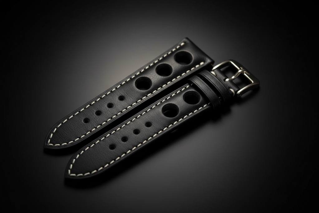 Black rally perforated leather watch strap — 8K cinematic
