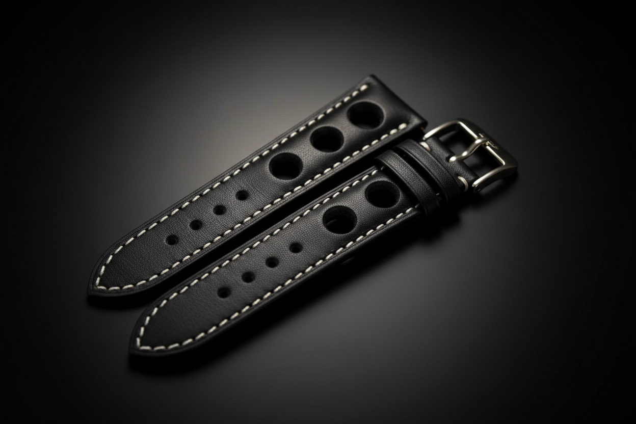 Black rally perforated leather watch strap — 8K cinematic