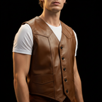 Men's brown leather western vest – button and stitching close-up