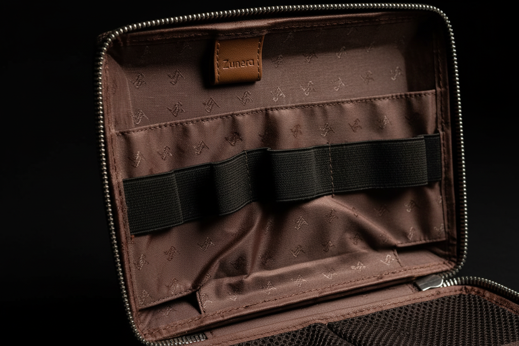 Harbinger Tech Kit interior close-up showing elastic straps, mesh pockets and premium stitching