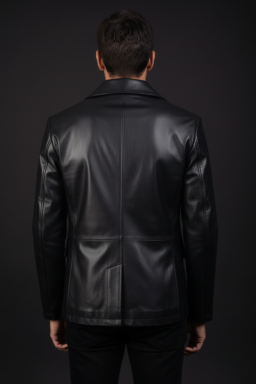 Black double-breasted leather blazer back model view