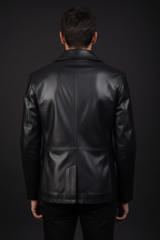 Black double-breasted leather blazer back model view