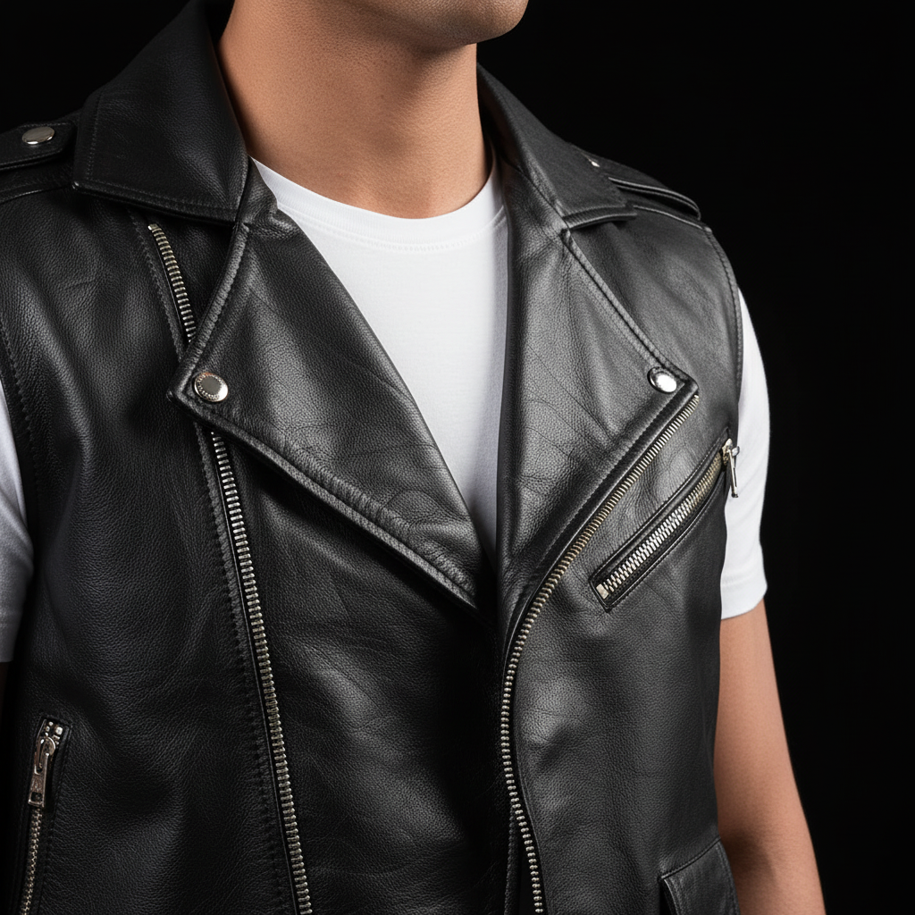 Men's black leather biker vest – zipper and lapel close-up