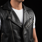 Men's black leather biker vest – zipper and lapel close-up
