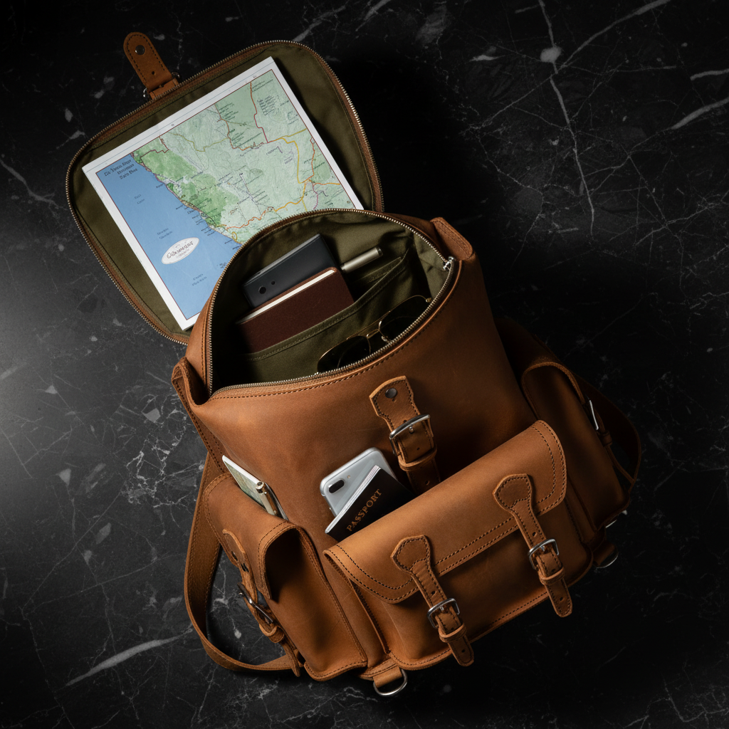 Leather backpack flat lay open interior