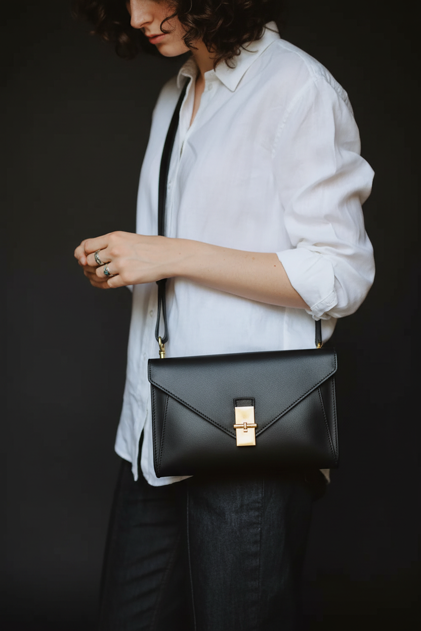Black leather crossbody bag - model waist up
