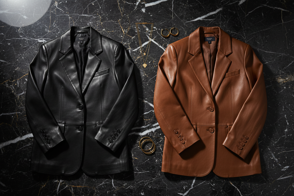Women's leather blazer suit flat lay both colors